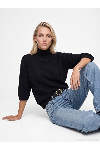 Dilvin 10851 High Collar Soft Textured Sweater-Black