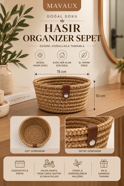 MaVaux Fleur Dekoratif Hasır Organizer Sepet – Vestiyer, Antre Düzenleyici, Anahtar Kutusu, El Yapımı Örgü Dekoratif Sepet 15x10 cm