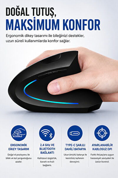 Coverzone Ergonomik Dikey Kablosuz Mouse Bluetooth 2.4GHz Type-C Şarjlı 6 Tuş...