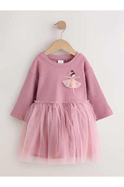 Next Baby Pamuk Astarlı Pembe Uzun Kollu Tütülü Elbise