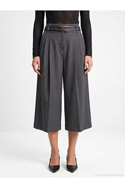 Dilvin 72806 Wide Leg Bermuda Pants with Thin Belt-Grey