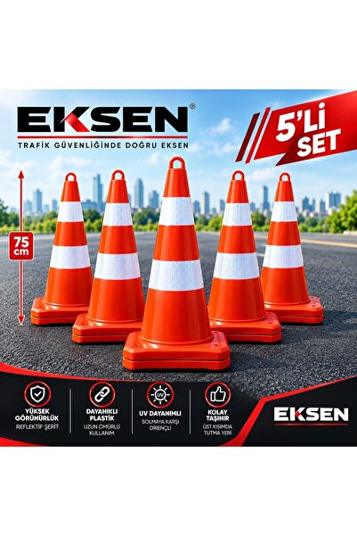 TRAFİKSAN 75 cm Trafik Konisi 5' li Yol Trafik Koni Reflektörlü Plastik Otopa...