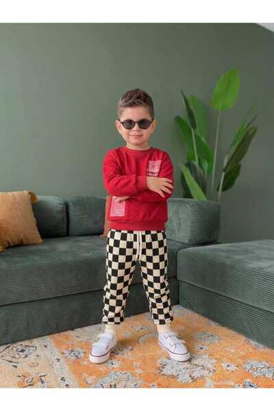 Dama Desenli Erkek Çocuk Sweatshirt & Eşofman Takımı
