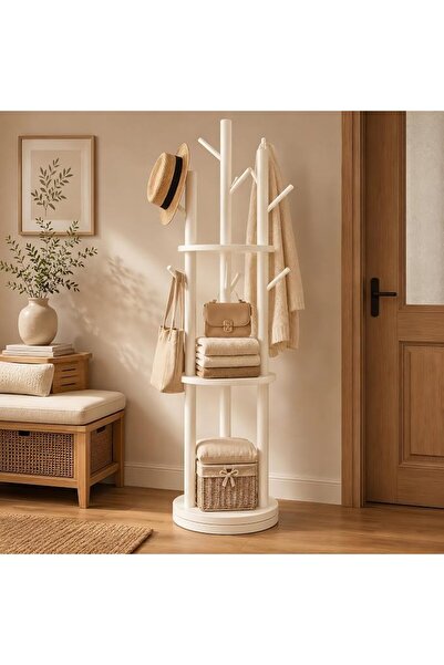 GENERAL Rotary Coat Rack with 3 Storage Shelves & 9 Hooks, Solid Wood Standin...