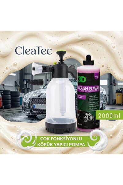 Köpük Atan Pompa 2LT + 3D Wash N Wax Cilalı Oto Yıkama Şampuanı 1/128 Konsantre 500ML