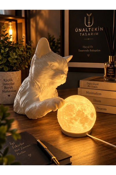 ÜNALTEKİN TASARIM Ay Işığına Uzanan Kedi Gece Lambası – Dekoratif Kedi Tasarımı