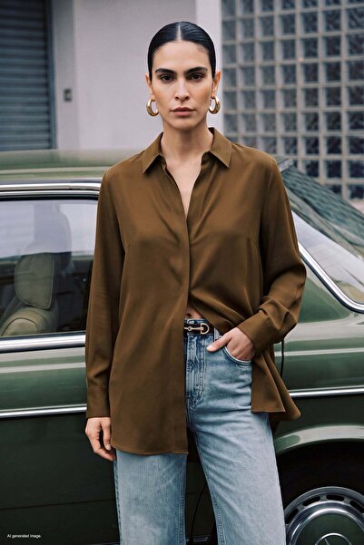 Sateen Patterned Classic Shirt - Brown