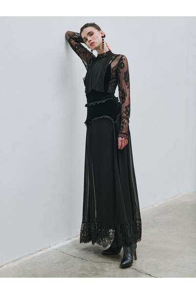 BAQA Velvet and Lace Detailed Chiffon Maxi Skirt