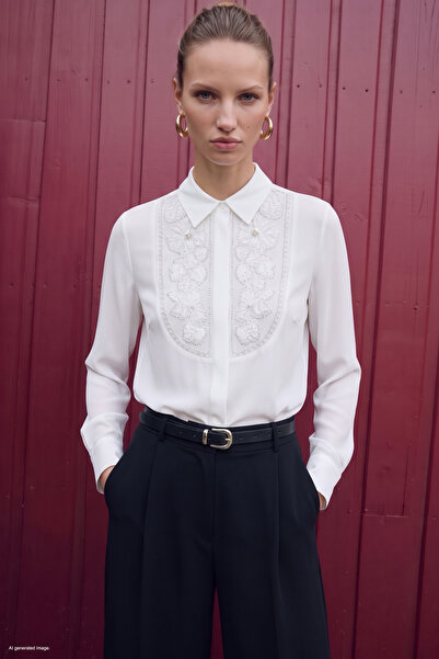 Sateen Classic Shirt with Embroidery Detail - Ecru