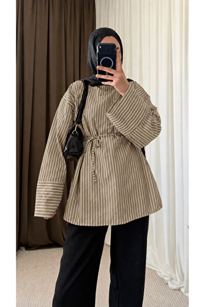 Hepsi Moda Biye Kemerli Oversize Çizgili Gömlek - Vizon