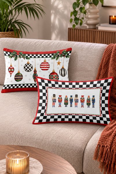 Home Fındıkkıran Figürlü ve Yılbaşı Süsü Desenli Dekoratif Kırlent Kılıfı - 2...