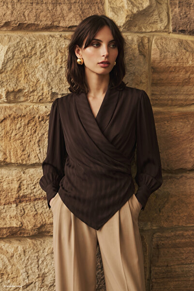 Sateen Stripe Patterned Double Breasted Blouse - Bitter
