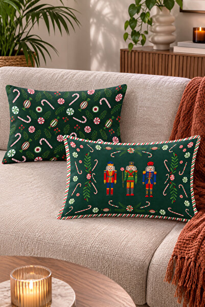 Home Fındıkkıran Figürlü Şeker Kamışı Desenli Yılbaşı Temalı Kırlent Kılıfı -...