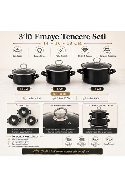 emaye market 3-Piece Black Enamel Mini Pot Set with Glass Lid 14-16-18 cm