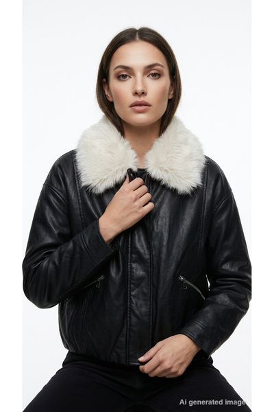 LC Waikiki Women's Faux Leather Jacket Fur Collar Zipper Pocket Black Biker S...