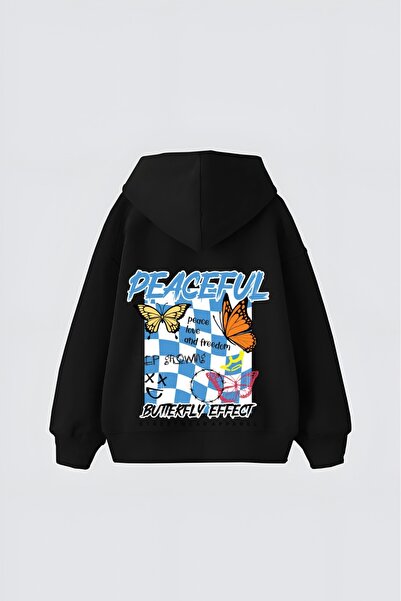 LADY HAZAL Black Unisex Peaceful Printed Hooded Oversize Patterned Fabric Spo...