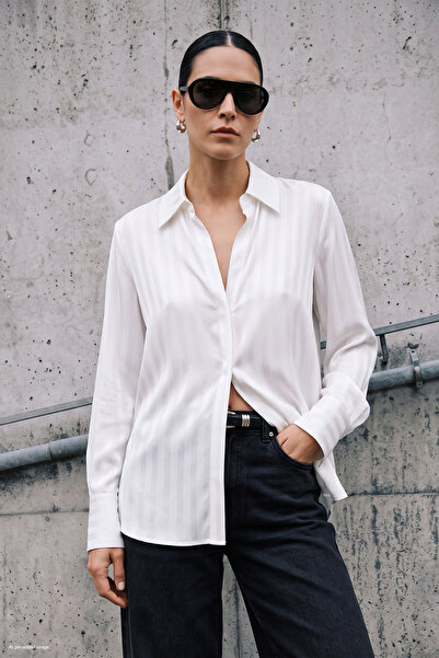 Sateen Stripe Patterned Shirt - Ecru