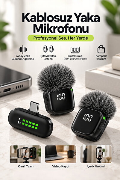 Yussraw Blic PRO++ BWC-09 Çift Kablosuz Yaka Mikrofonu Type-C, AI Gürültü Aza...