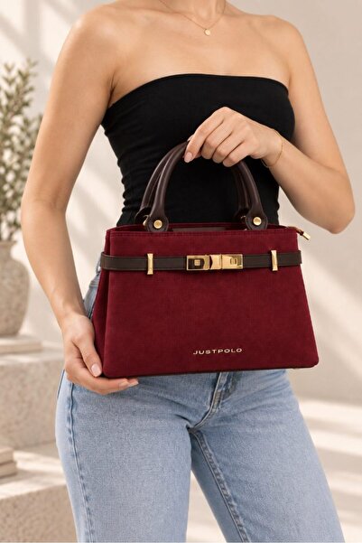 Just Polo Women's Hand and Shoulder Bag Suede Gold Buckle Short Handle Stylish Burgundy