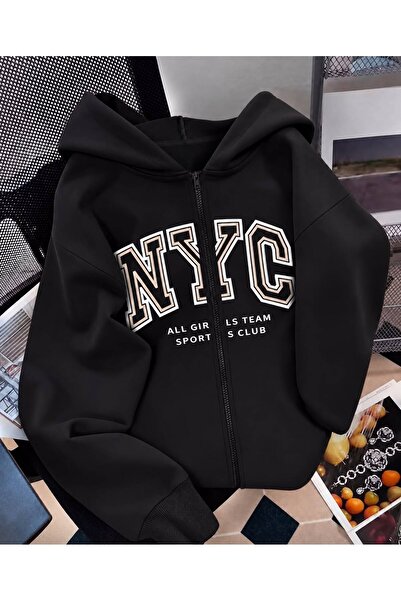 MORNİNG KİDS Girl's Black Nyc Printed Hooded Zippered Cardigan