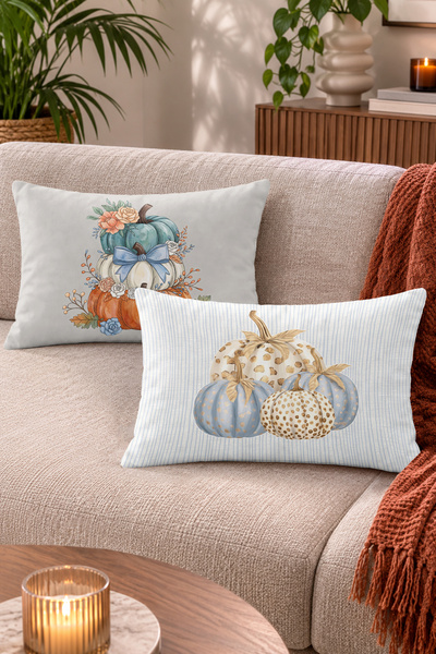 Home Balkabağı ve Çiçek Desenli Sonbahar Temalı Dekoratif Kırlent Kılıfı - 2'...