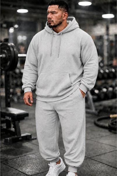 dont quıt Plus Size Gray Hooded Tracksuit Set Plain Basic
