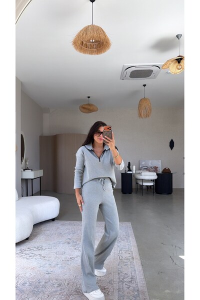 Buket Teke Gray Zippered Ribbed Top and Bottom Set