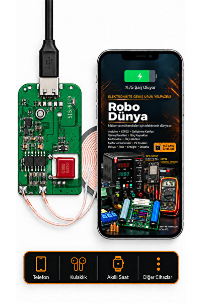 robodünya 5125-FA Type-C Kablosuz Şarj Modülü – Qi Uyumlu Wireless Şarj Veric...