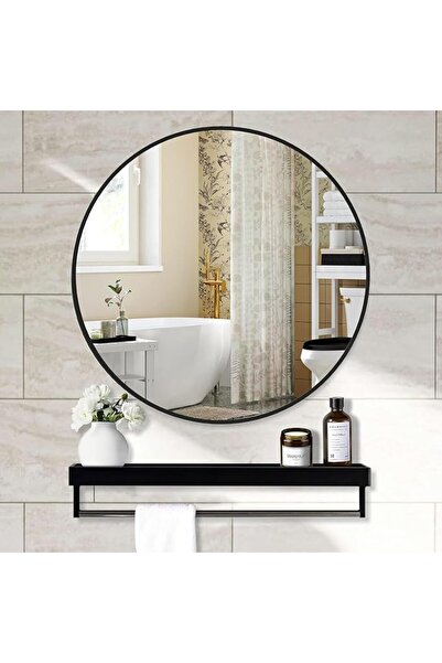 GENERAL Round Mirror with Shelf,Black Circle Mirror Metal Frame,Wall Mirror f...