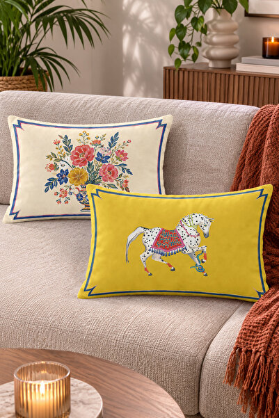 Home Çiçek Buketi ve At Figürlü Vintage Dekoratif Kırlent Kılıfı - 2'li Dikdö...