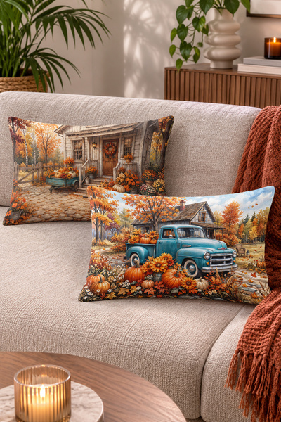 Home Vintage Sonbahar Kulübesi ve Klasik Kamyonet Desenli Dekoratif Kırlent K...