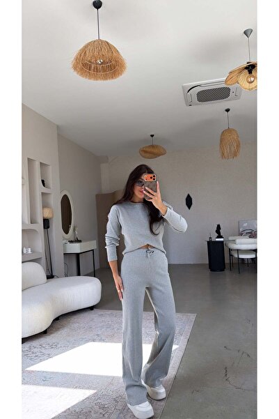 Buket Teke Gray Crew Neck Ribbed Top and Bottom Set