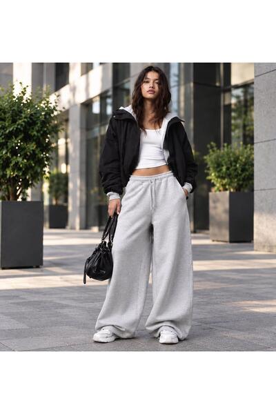 MCSPORT Kadın Gri Oversize Bol Paça Eşofman Altı – Yüksek Bel Rahat Kesim