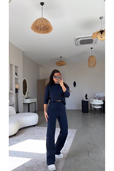 Buket Teke Navy Blue Crew Neck Ribbed Top and Bottom Set