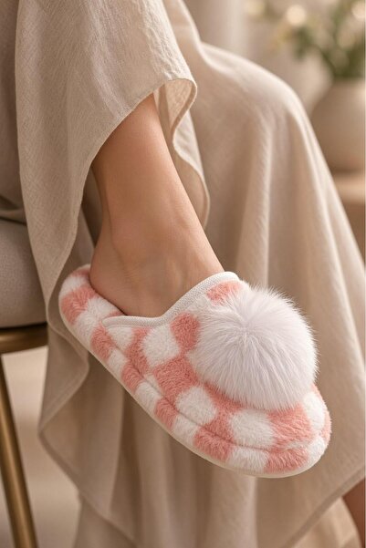 Oksit Ezy Women's Pompom Checkered Plush House Slippers Soft Sole Winter Slip...
