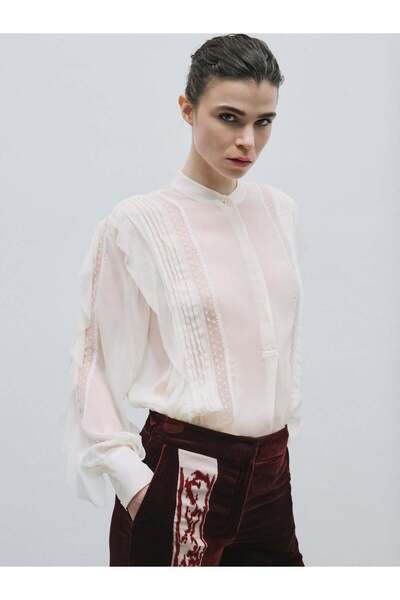 BAQA Lace Trim Ruffled Ecru Blouse