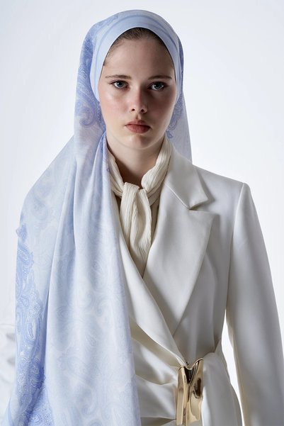 ED Scarf شال فيسكوز بنقشة موتيف - أزرق ثلجي