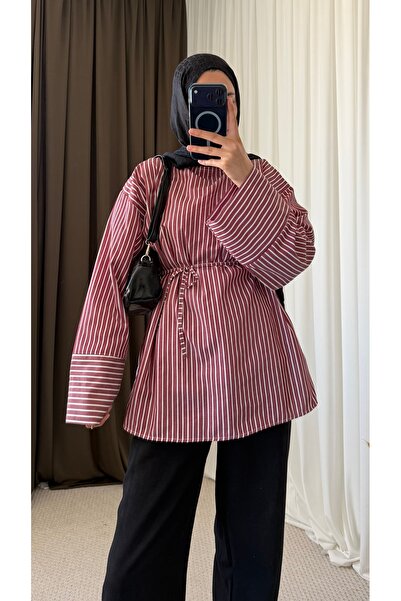 Hepsi Moda Biye Kemerli Oversize Çizgili Gömlek - Bordo