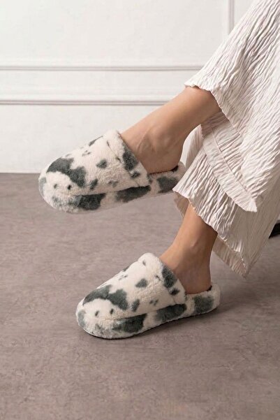 FUGA MODA Moofy Khaki Spotted White Plush Women's Winter House Slippers