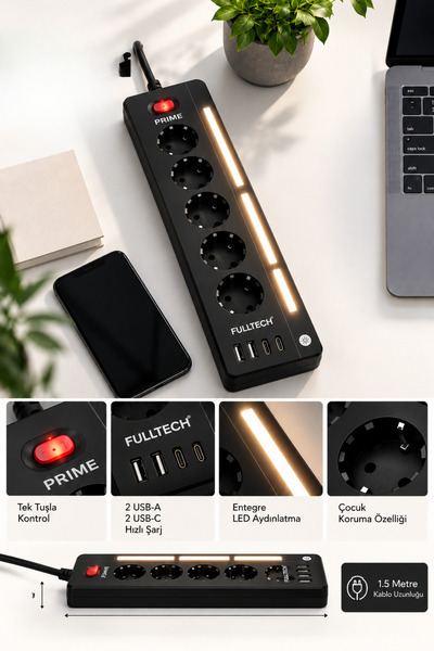 Yussraw Fulltech FTR-26 Akım Korumalı Priz Siyah 9’lu (5 Priz + 2 USB-A + 2 USB-C) 3680W 16A, 2 Metre Kablolu