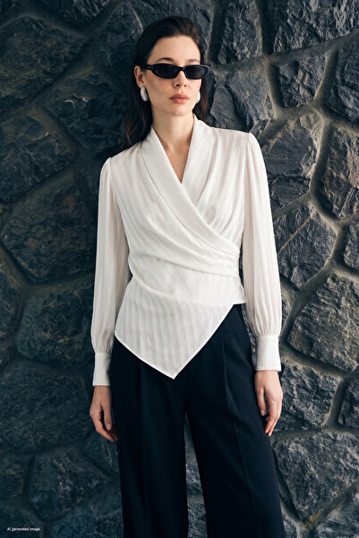 Sateen Stripe Patterned Double Breasted Blouse - Ecru