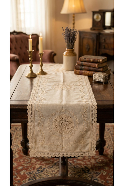 kesenegore Buldan Raw Linen 100% Cotton Hand-Laced Runner 45X120 cm – Lace Em...