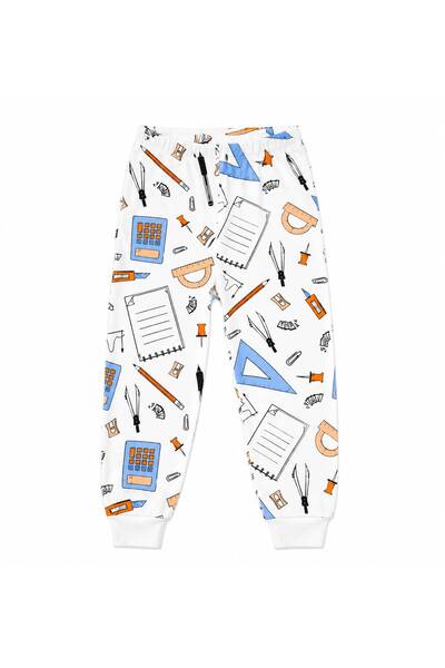 Fil Kids Boy's 100% Cotton White Color School Supplies Patterned Long Sleeve Winter Pajama Set