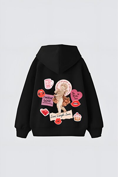 LADY HAZAL Black Unisex Choose Love Printed Hooded Oversize Patterned Fabric ...