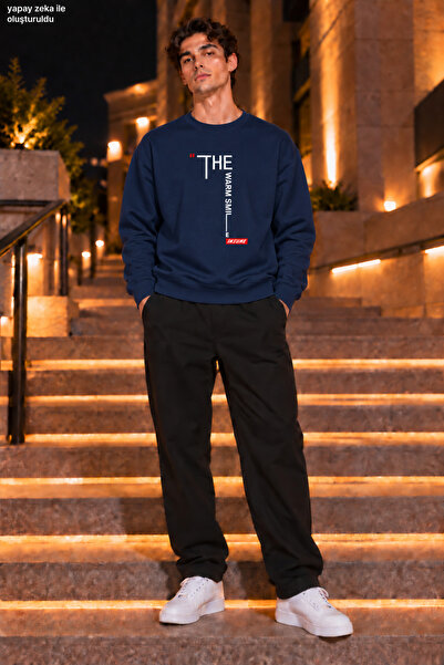 caddekombin Men's the Warm Smile Written and Red Label Detailed Crew Neck Cas...