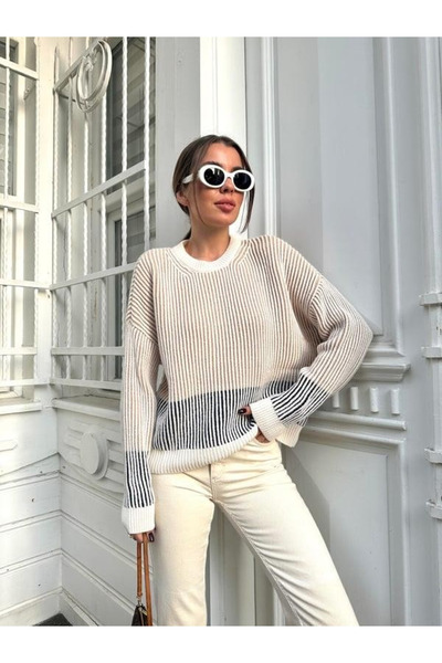 My Blog Beige-Navy Blue Collared Raglan Sweater - 2Y231154