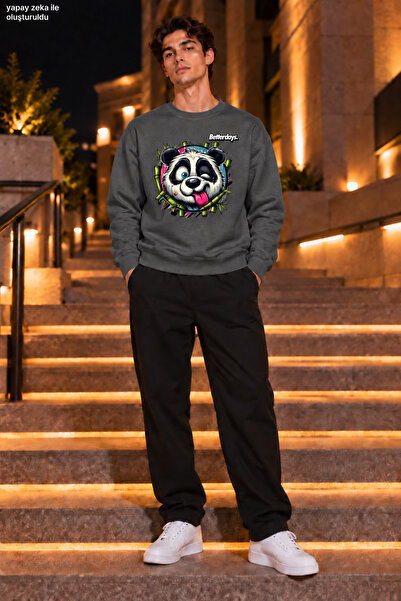 caddekombin Men's Crazy Panda Figured and Bamboo Detailed Crew Neck Casual Re...
