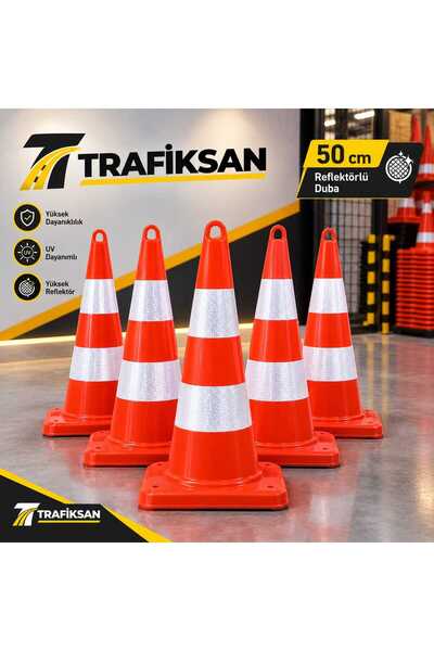 TRAFİKSAN 50 cm Trafik Konisi 5' li Yol Trafik Koni Reflektörlü Plastik Otopa...