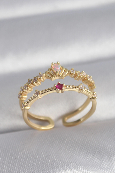 Lovesta Home Brass Gold Color Zircon Stone Crown Model Women's Ring Tj-Byk3040