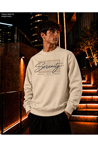 caddekombin سويت شيرت رجالي من سيرينيتي بياقة دائرية وتفاصيل إطارية مكتوبة ول...